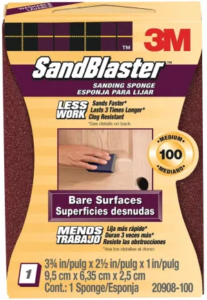 3M SandBlaster 20908-100 Sanding Sponge, 3-3/4 in L, 2-5/8 in W, 100 Grit, Medium, Aluminum Oxide Abrasive :CD: QUANTITY: 1