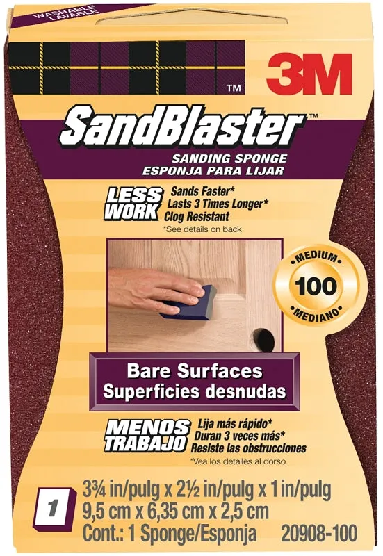 3M SandBlaster 20908-100 Sanding Sponge, 3-3/4 in L, 2-5/8 in W, 100 Grit, Medium, Aluminum Oxide Abrasive :CD: QUANTITY: 1