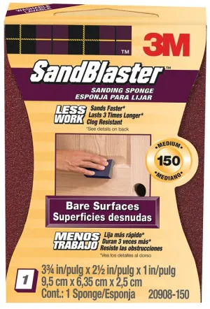 3M SandBlaster 20908-150 Sanding Sponge, 3-3/4 in L, 2-5/8 in W, 150 Grit, Medium, Aluminum Oxide Abrasive :CD: QUANTITY: 1