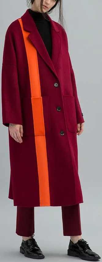 Contrast-Stripe Long Wool Coat