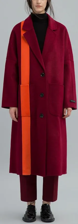 Contrast-Stripe Long Wool Coat
