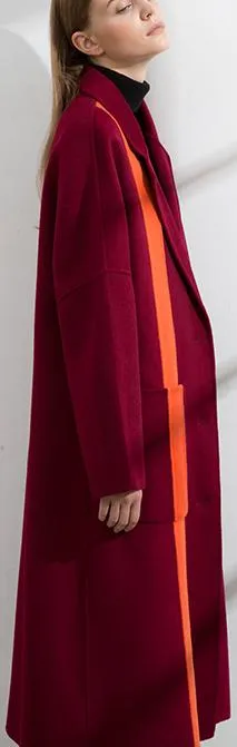 Contrast-Stripe Long Wool Coat