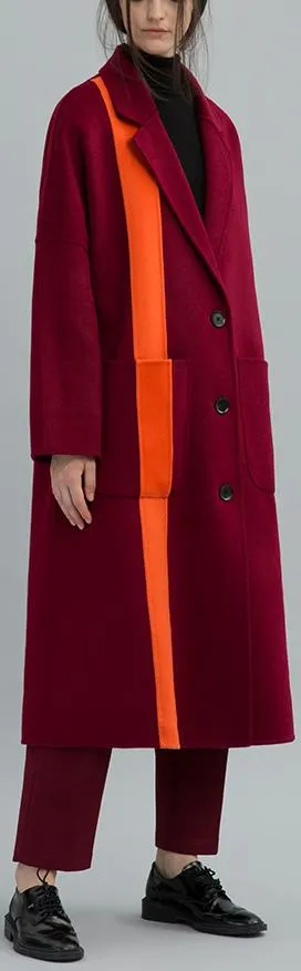 Contrast-Stripe Long Wool Coat