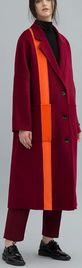 Contrast-Stripe Long Wool Coat