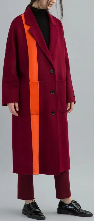 Contrast-Stripe Long Wool Coat