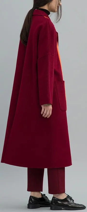 Contrast-Stripe Long Wool Coat