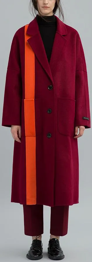 Contrast-Stripe Long Wool Coat