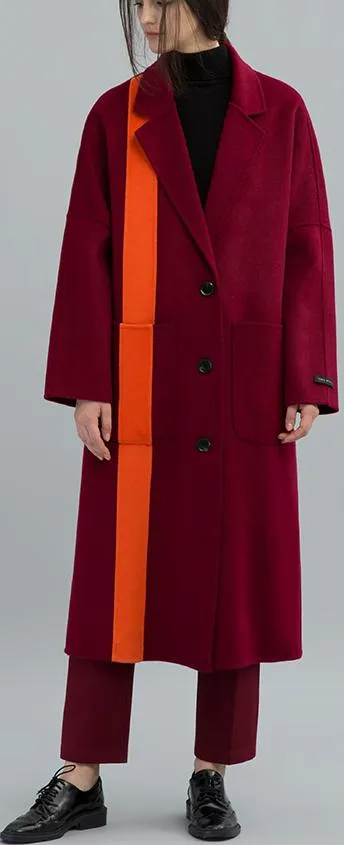 Contrast-Stripe Long Wool Coat