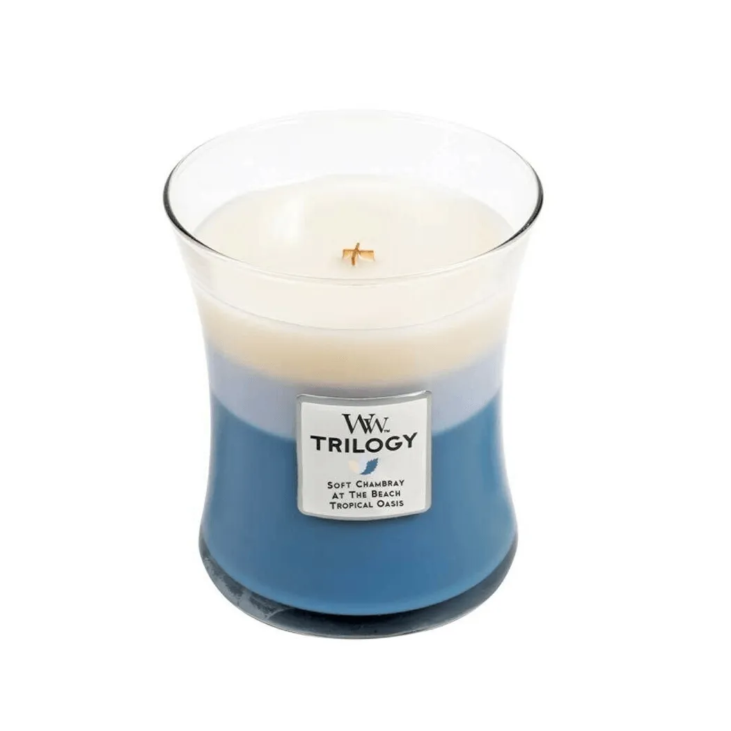 Woodwick Beachfront Cottage Trilogy Medium Candle Crackles As It Burns 275G Hourglass