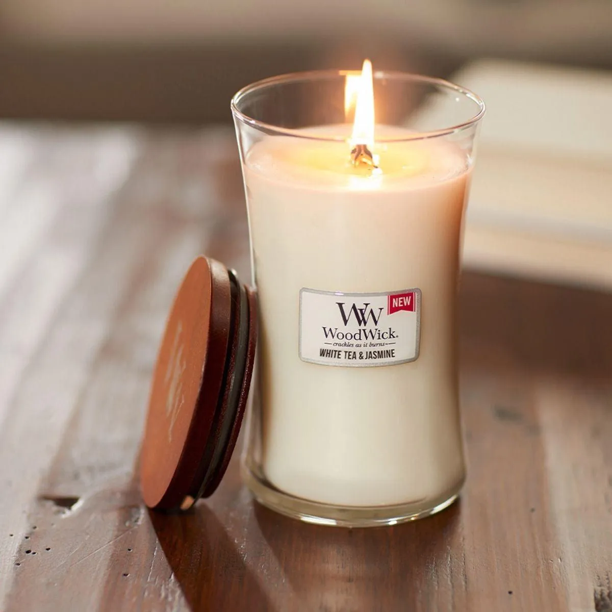 WoodWick White Tea   Jasmine Large Candle Crackles As It Burns 610G Hourglass